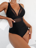 Emoswimsuit - Women Plus Size One Piece Swimsuit V Neck Mesh Sheer Tummy Control Bathing Suit