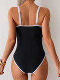 Emoswimsuit - Womens Tummy Control Swimsuit Color Block One Piece Bathing Suits Slimming Double Straps Swimwear High Cut Swim Suit
