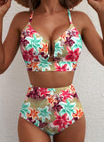 Emoswim - Summer Two Piece Bikini Set U-Wire Cutout High Waisted Swimsuit-Green Pink Lily