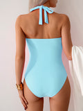 Emoswimsuit - Women's One Piece Swimsuit V Neck Halter Swimwear Twist Front Ruched Tummy Control Bathing Suit