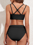 Emoswimsuit - Women's Bikini Sets Two Piece Swimsuit V Neck High Waisted Ruched Tummy Control Bathing Suit