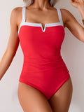 Emoswimsuit - Women's One Piece Swimsuits Color Block Slimming Tummy Control Bathing Suit V Vired Full Coverage Swimwear