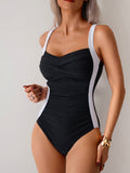 Emoswimsuit - Women One Piece Swimsuit Ruched Tummy Control Bathing Suit Slimming Color Block Swim Suit Swimwear