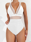 Emoswimsuit - Women Plus Size One Piece Swimsuit V Neck Mesh Sheer Tummy Control Bathing Suit