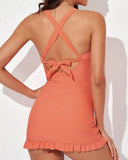 Emoswim - Deep V Cross Back Ruched One Piece Swimdress Tankini With Bottom