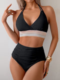 Emoswimsuit - Two Piece High Waisted Bikini Sets Tummy Control Color Block Suspender Swimwear