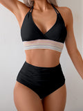 Emoswimsuit - Two Piece High Waisted Bikini Sets Tummy Control Color Block Suspender Swimwear