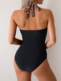 Emoswimsuit - Women One Piece Swimsuit Leopard Splicing Halter V Neck Sexy Tummy Control Push Up Swimwear Back Tie Bathing Suit