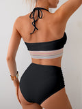 Emoswimsuit - Two Piece High Waisted Bikini Sets Tummy Control Color Block Suspender Swimwear