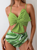 Emoswim - Womens Two Piece Bikini Set Twist Front Tie Knot Top High Waisted Tummy Control Tropical Swimsuit