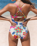 Emoswim - Beach Floral Colorblock Print Low-cut Slim One Piece Tummy control Swimsuit