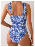 Emoswim - Women's One Piece Swimsuits Tummy Control Bathing Suits V Neck Boho Tie Shoulder Ruched Full
