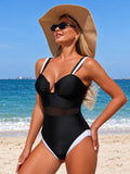Emoswim - Womens Sexy One Piece Swimsuit Tummy Control Mesh Swimsuit Plunge Neck Bathing Suit