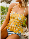 Emoswimsuit - Peplum Tankini Swim In Mustard Daisy