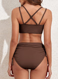 Emoswimsuit - Women's Bikini Sets Two Piece Swimsuit V Neck High Waisted Ruched Tummy Control Bathing Suit