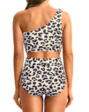 Emoswim - One Shoulder High Waisted Bikini Sets Two Piece Swimsuit Tummy Control-Leopard