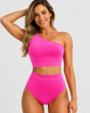 Emoswim - One Shoulder High Waisted Bikini Sets Two Piece Swimsuit Tummy Control-Pink