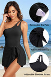 Emoswim - One Shoulder One Piece Swim Dress for Women Tummy Control Swimsuit with Skirt-Black