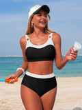 Emoswim - Womens High Waisted Bikini Set Two Piece Bathing Suits Sporty Color Block Tie Back Swimsuit