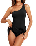 Emoswimsuit - Women One Piece Swim Dress One Shoulder Swimsuit with Skirt