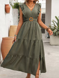 Deep V Flutter Sleeve Waist Dress_CWDMD02889