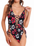 Emoswim - Women Sexy Lace Up One Piece Swimsuit Deep Plunge V Neck High Cut Bathing Suits