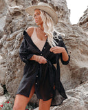 Emoswimsuit - Black Solid Color Tie Sun-proof Belt Sexy V Neck Cover Up