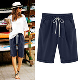Emoswimsuit - Women's Elastic Waist Knee Length Casual Cotton Bermuda Shorts with Drawstring