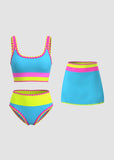 Emoswim - Womens Color Contrast Patchwork Nylon Sporty 3 Piece Bikini Sets