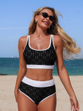 Emoswim - Womens High Waisted Bikini Sets Hollow Out Color Block Two Piece Sporty Scoop Neck Adjustable Straps Swimsuit