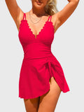 Emoswim - Womens One Piece Swimsuit Tummy Control Bathing Suit Scalloped Modest Tie Knot Swim Dress