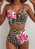 Emoswim - Summer Two Piece Bikini Set U-Wire Cutout High Waisted Swimsuit-Leopard Pink Lily