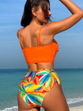 Emoswim - Womens Two Piece Bikini Set Twist Front Tie Knot Top High Waisted Tummy Control Tropical Swimsuit