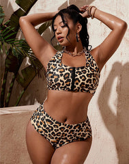 Emoswimsuit-Leopard Print Sports Vest Square Neckline Zip Bikini Set