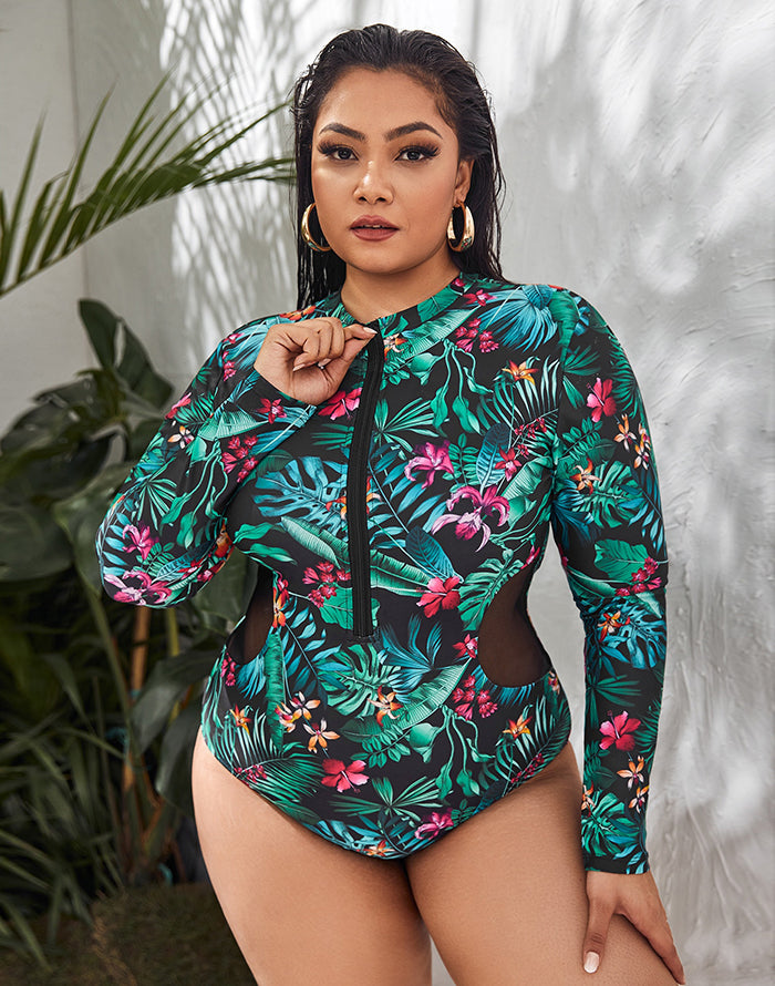 Emoswimsuit-Palm Leaves Color High Neckline Long Sleeve Zipper One Piece Swimsuit