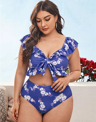 Emoswimsuit-Blue Small Broken Flowers V-Neck High Waist Tie Bikini Set