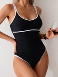 Emoswimsuit - Womens Tummy Control Swimsuit Color Block One Piece Bathing Suits Slimming Double Straps Swimwear High Cut Swim Suit