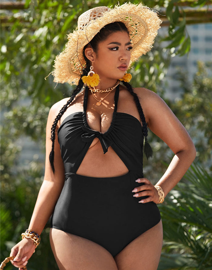 Emoswimsuit-Black U-Neck Halterneck One Piece Swimsuit