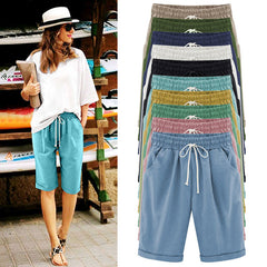 Emoswimsuit - Women's Elastic Waist Knee Length Casual Cotton Bermuda Shorts with Drawstring