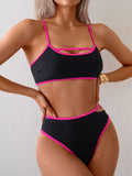 Emoswimsuit - Women's Bikini Sets High Waisted Color Block Swimwear Sexy Cut Out Bathing Suit Sporty Two Piece Swimsuits
