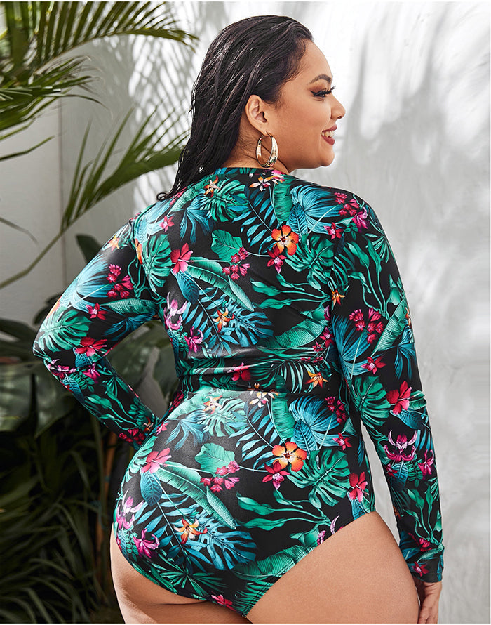 Emoswimsuit-Palm Leaves Color High Neckline Long Sleeve Zipper One Piece Swimsuit