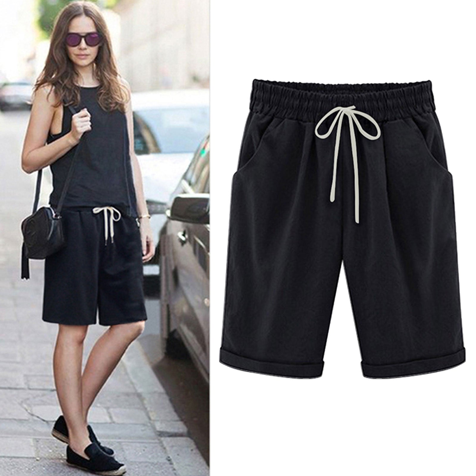 Emoswimsuit - Women's Elastic Waist Knee Length Casual Cotton Bermuda Shorts with Drawstring