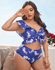 Emoswimsuit-Blue Small Broken Flowers V-Neck High Waist Tie Bikini Set