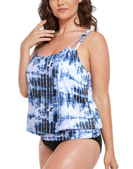 Blue Ink Tie Dye Strap Blouson Tankini Top