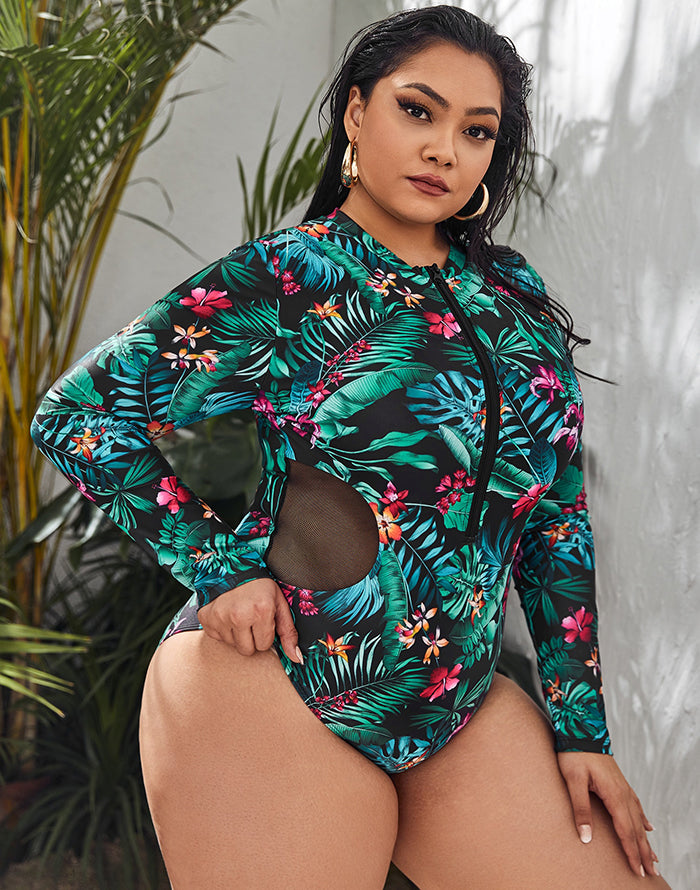 Emoswimsuit-Palm Leaves Color High Neckline Long Sleeve Zipper One Piece Swimsuit