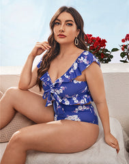 Emoswimsuit-Blue Small Broken Flowers V-Neck High Waist Tie Bikini Set