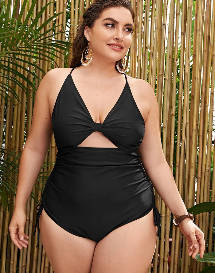 Emoswimsuit-Black V-Neck Sideways Lace-Up One Piece Swimsuit