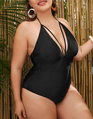 Emoswimsuit-Black V-Neck Halter One Piece Swimsuit