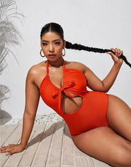 Emoswimsuit-Deep Orange V-Neck Halterneck Lace One Piece Swimsuit