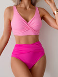 Emoswimsuit - Women's High Waisted Bikini Sets Solid Pleated 2 Piece Swimsuits Sexy Beach Sets with Removable Pads